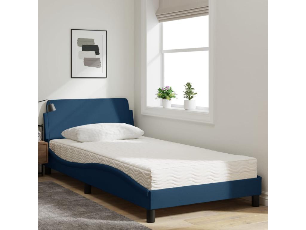 Bed with blue mattress 100x200 cm fabric