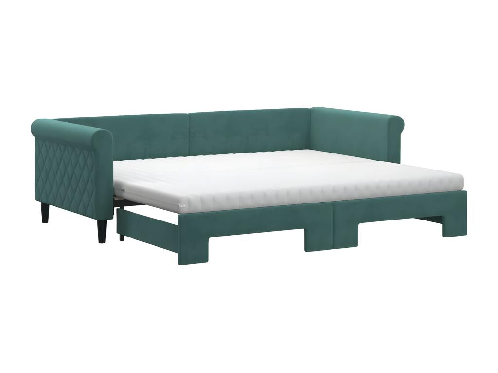 Daybed with pull-out bed and dark green 90x200cm velvet mattress