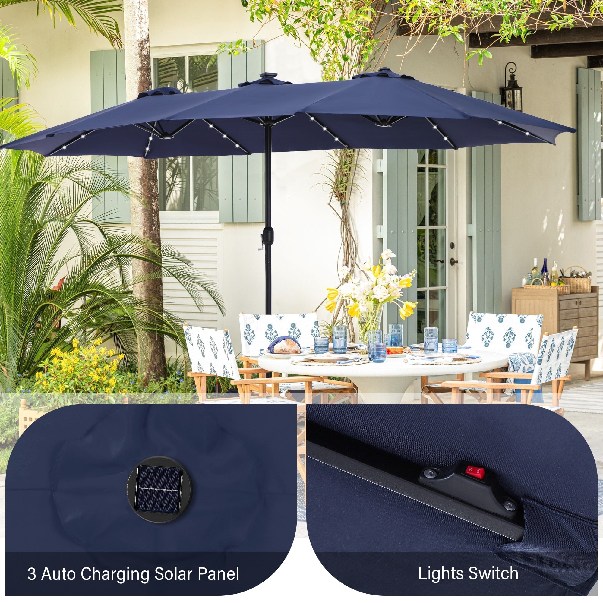 15-foot Rectangular Crank Double-sided Outdoor Market Umbrella Solar LED Lighted Patio Umbrella with Base Included