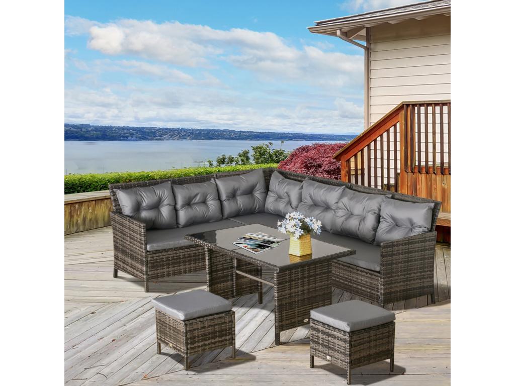 8-person garden furniture set - very comfortable corner sofa, 2 ottomans, dining table, 12 seat/back cushions included, grey woven resin polyester
