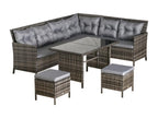 8-person garden furniture set - very comfortable corner sofa, 2 ottomans, dining table, 12 seat/back cushions included, grey woven resin polyester