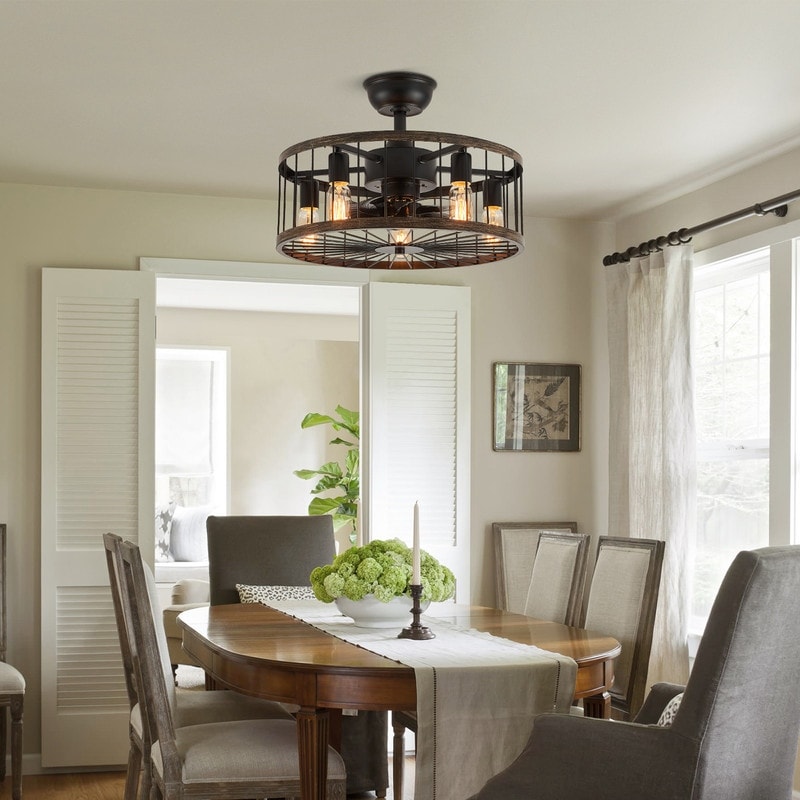 20 in. Low Profile Ceiling Fan Light Modern Farmhouse Wood Finish Caged Ceiling Fan with Light and Remote