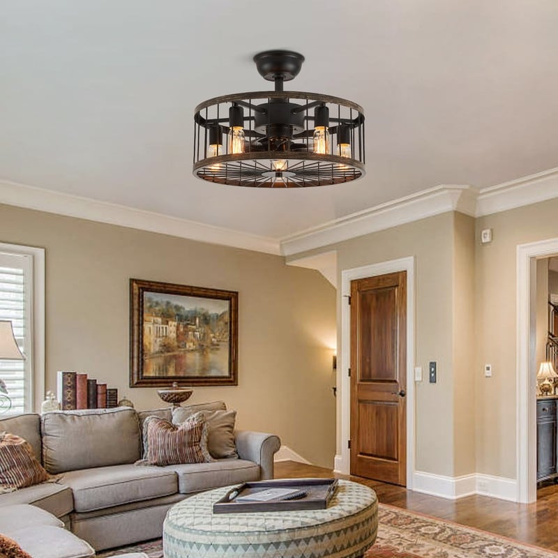 20 in. Low Profile Ceiling Fan Light Modern Farmhouse Wood Finish Caged Ceiling Fan with Light and Remote