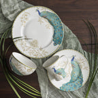 222 Fifth Peacock Garden 16-Piece Porcelain Dinnerware Set with Round Plates, Bowls, and Mugs, White
