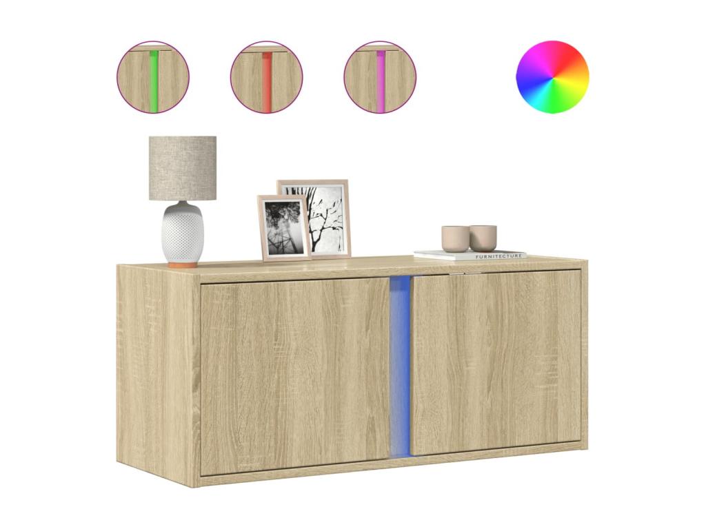 Wall-mounted TV unit with Doucezenères LED lighting, Doucezen oak finish, 80x31x35 cm
