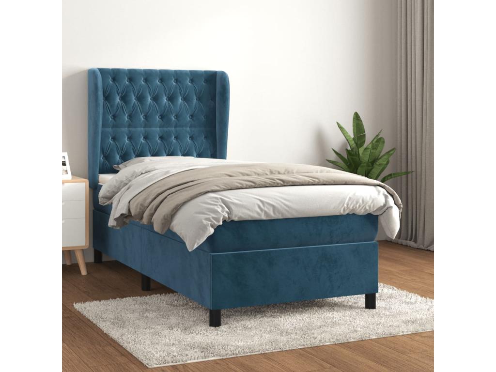 Upholstered bed base and mattress, dark blue, 80x200 cm, velvet