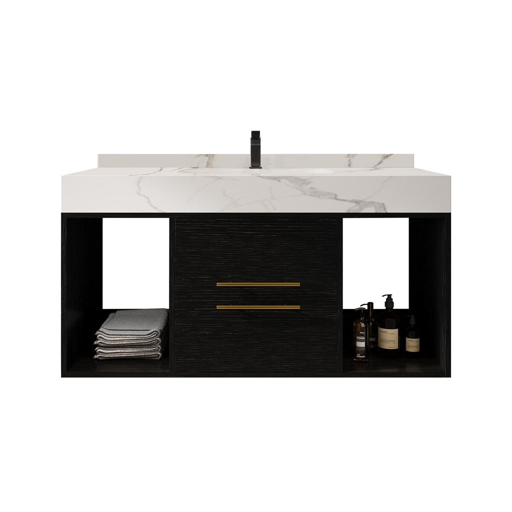 39.4 '' Floating Bathroom Vanity with Ceramic sink,Wall Hung Vanity 2 Soft Close Drawer and white slate top - 39'4 x 18'9