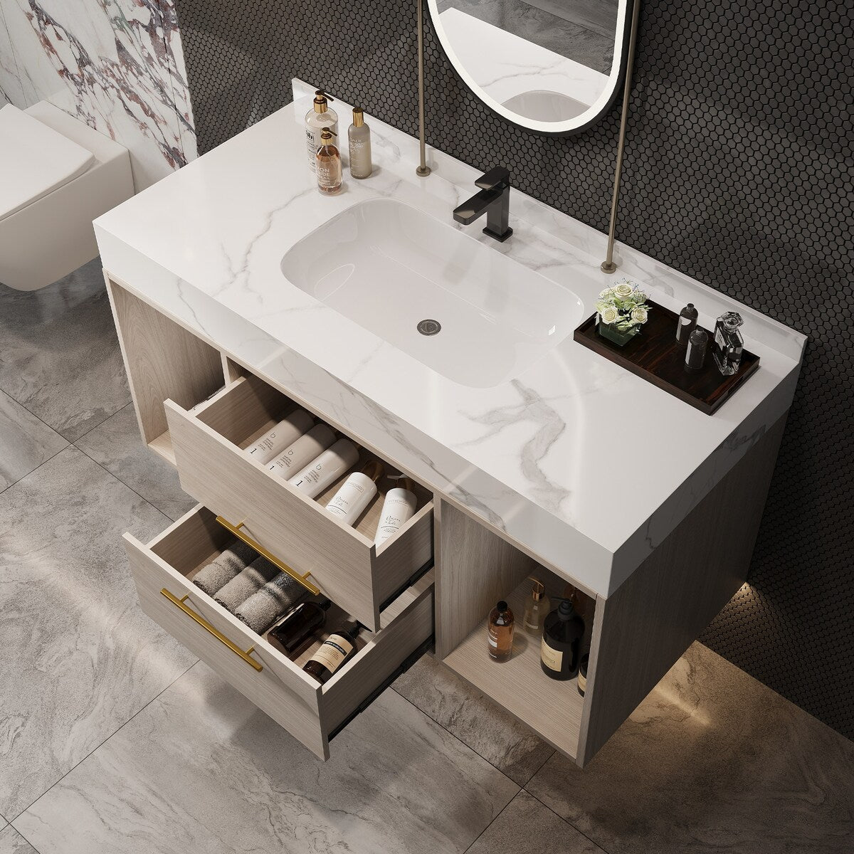 39.4 '' Floating Bathroom Vanity with Ceramic sink,Wall Hung Vanity 2 Soft Close Drawer and white slate top - 39'4 x 18'9