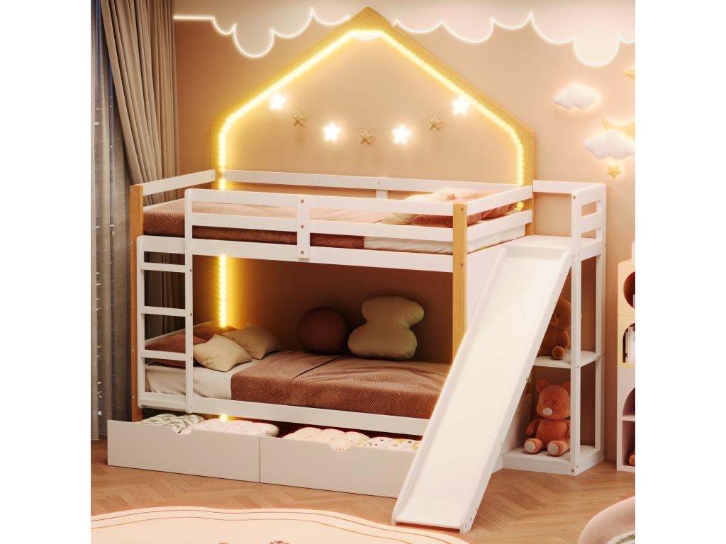 Bunk bed 90x200cm children's cabin bed with LED strip, slatted base, slide, shelf and 2 drawers, natural white pine MDF