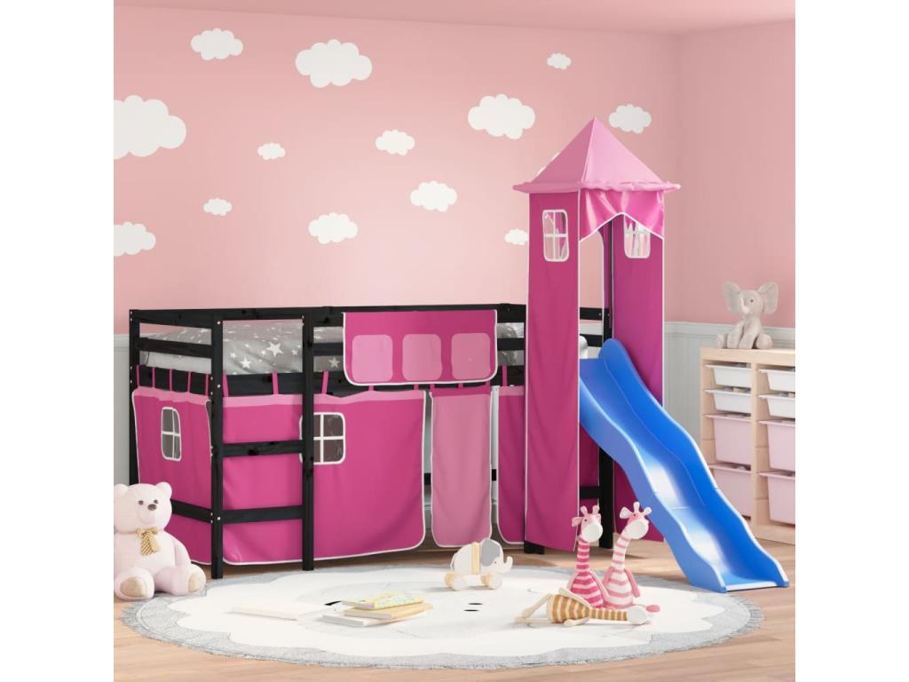Children's loft bed with pink tower, 90x200 cm, solid pine wood