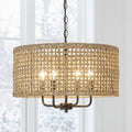 4-Light Bohemian Hand Woven Drum Chandelier - Straw - 20 in. W