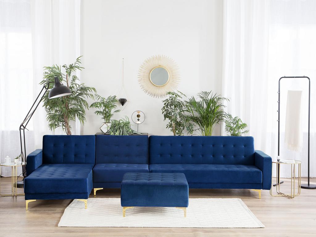 Doucezen Modular Corner Sofa Bed in Navy Blue Velvet with Ottoman, 5-Seater, Right-Hand Side