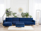 Doucezen Modular Corner Sofa Bed in Navy Blue Velvet with Ottoman, 5-Seater, Right-Hand Side