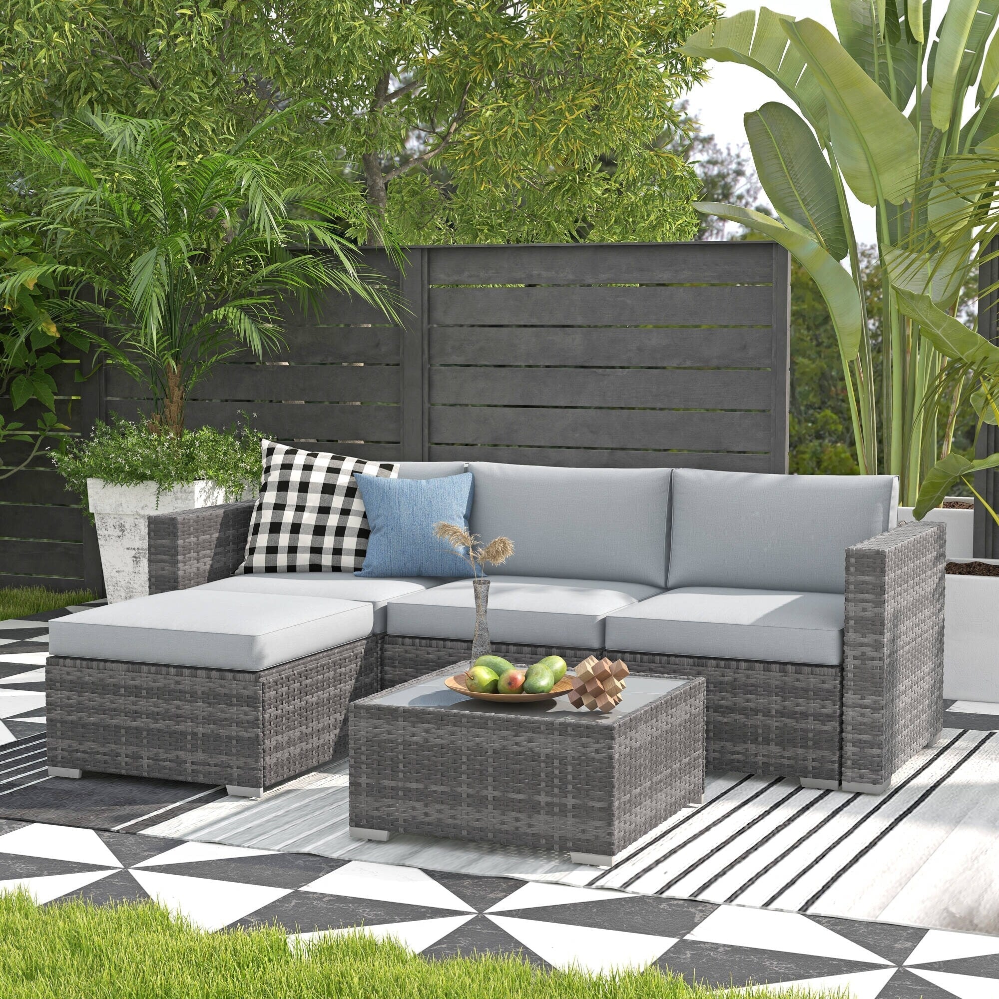 5-piece Outdoor Wicker Sectional Sofa Set with Cushions