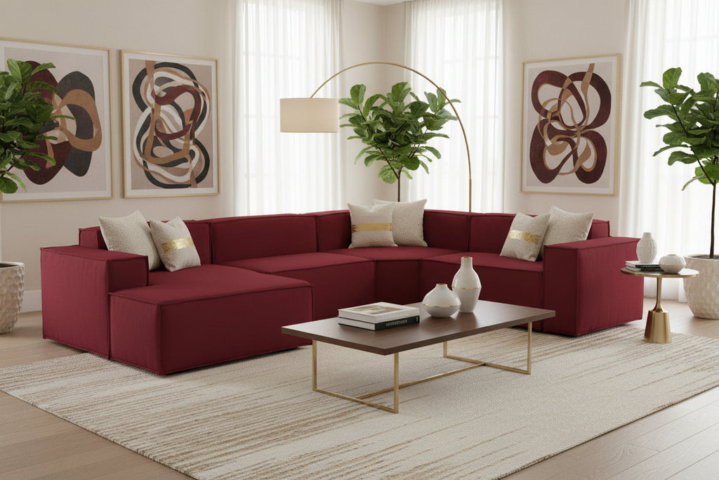 Doucezen Fixed Sofa Large Modular 2-Seater Sofa with Left-Hand Peninsula Made in Italy Modern Fabric Sofa 240x170x70 cm Red