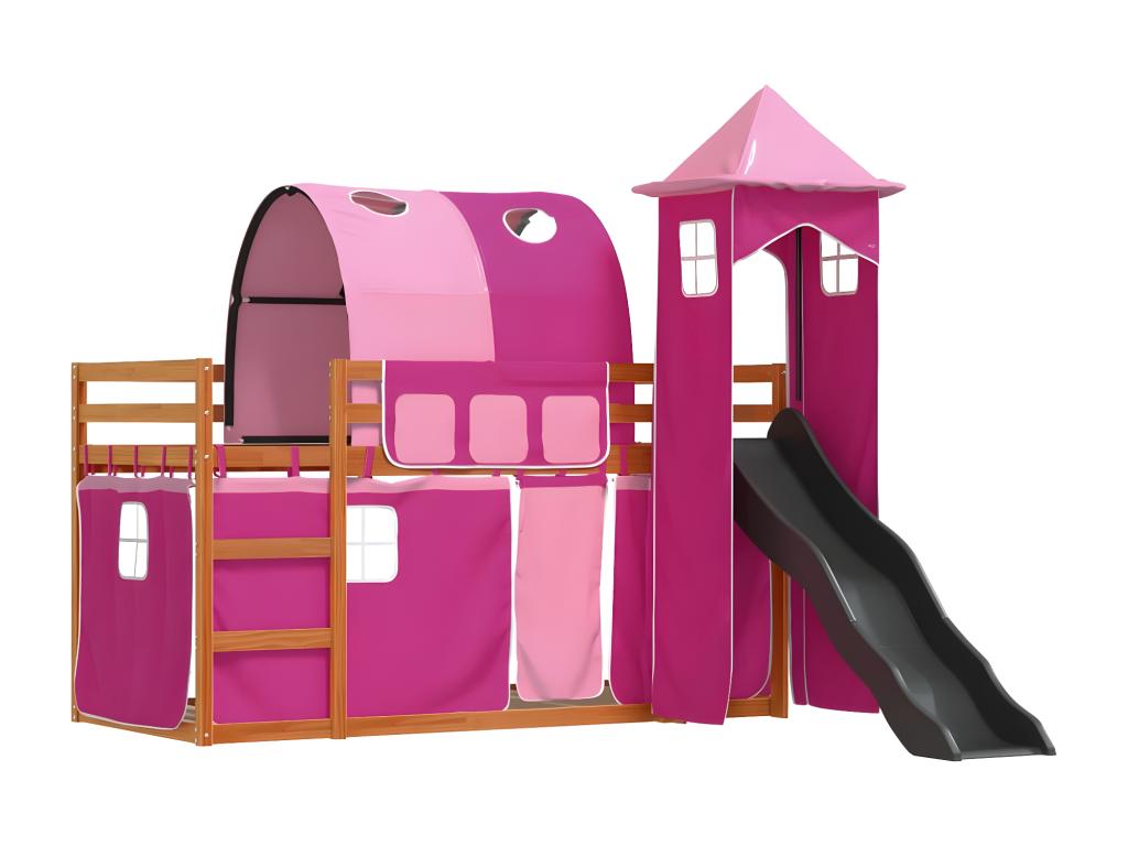 Bunk bed with slide and pink curtains 80x200 cm