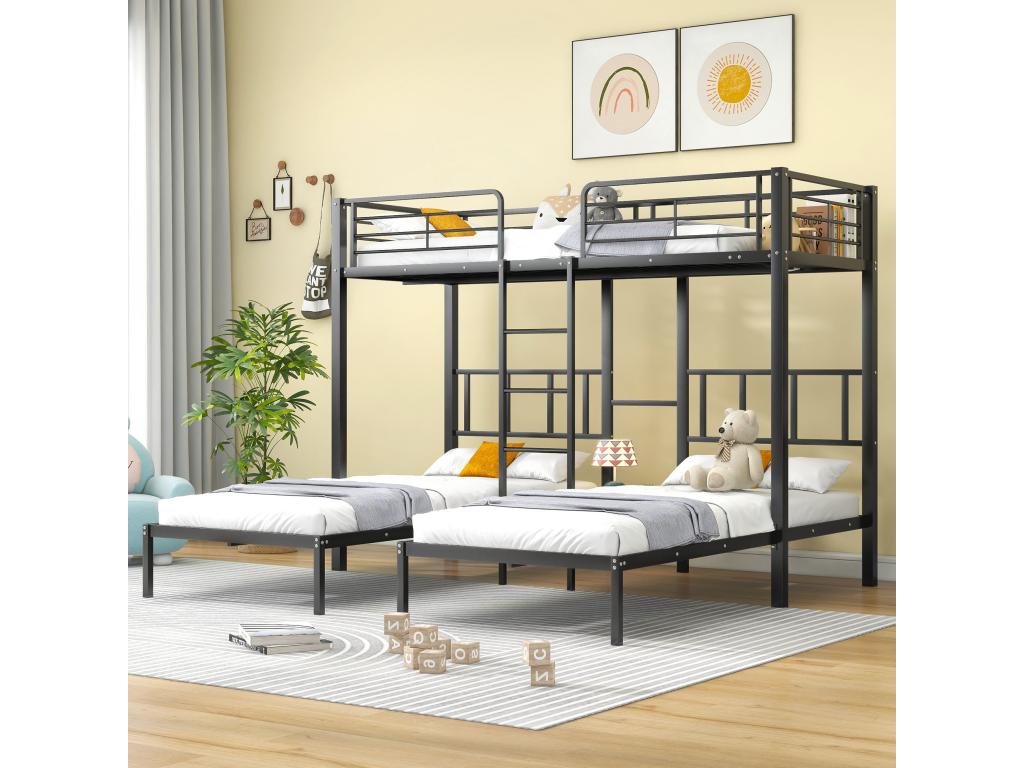 Triple bunk bed (3 x 90 x 200 cm) with ladder and bedside table for children - metal - black - mattress not included