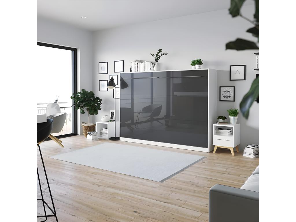 140x200cm Wall Bed, Soft Interior, Horizontal, Foldable, Wall Bed, White/Anthracite Glossy