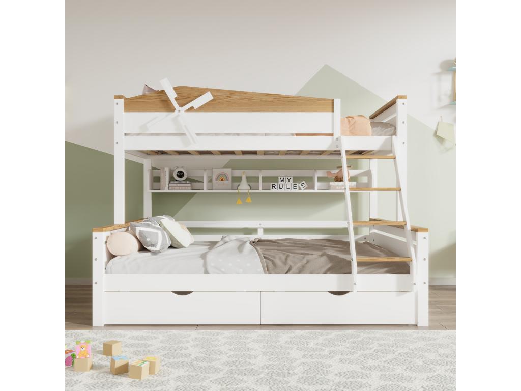 Bunk beds 2x90x200 cm, trundle bed 90x190 cm - with 2 large drawers and headboard - pine MDF - natural white finish