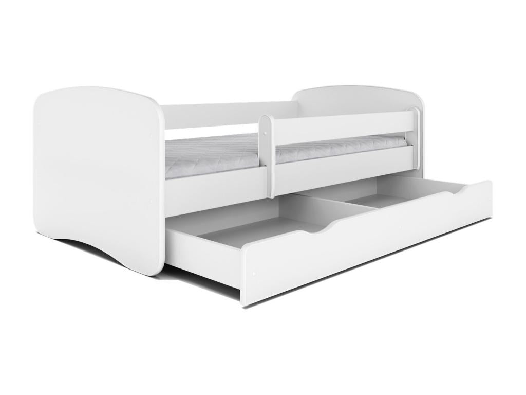 White children's bed with slatted base and removable safety rail, Meublita - 70x140 - Drawers with drawer
