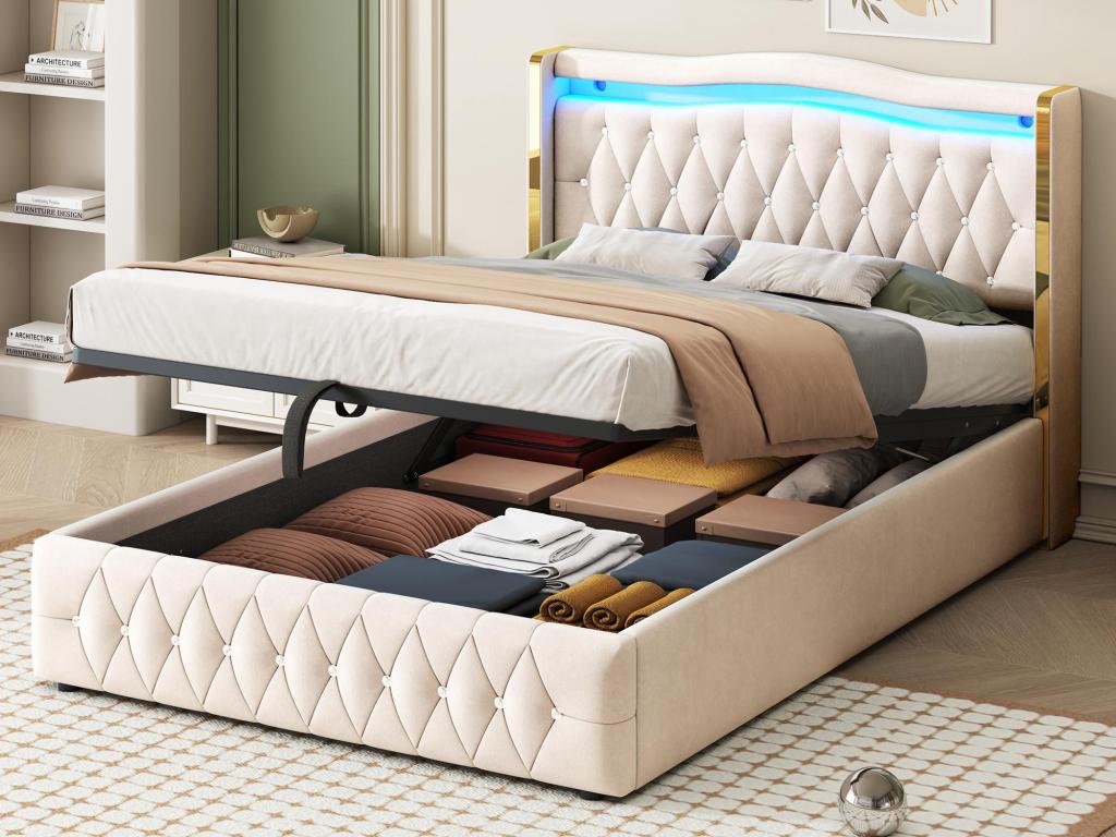 Upholstered storage bed 140x200 cm with LED lighting - velvet fabric - Beige