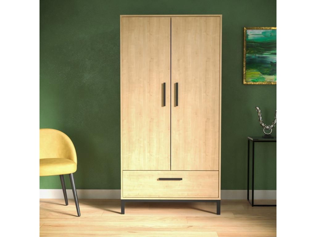2-door, 1-drawer wardrobe in oak and matte black finish, 180 cm high - CRAFT