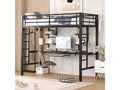 90x200cm Children's Loft Bed - Iron Bed Frame, Raised Bed with Desk for Study and 2 Shelves - Black
