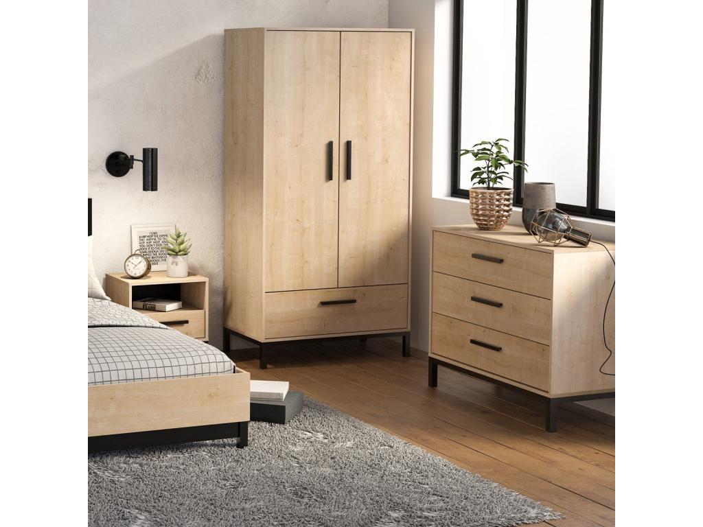 2-door, 1-drawer wardrobe in oak and matte black finish, 180 cm high - CRAFT