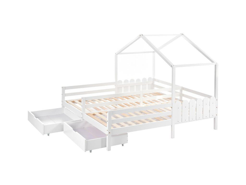 Solid pine cabin bed 2x90x200 cm - with 2 drawers - White