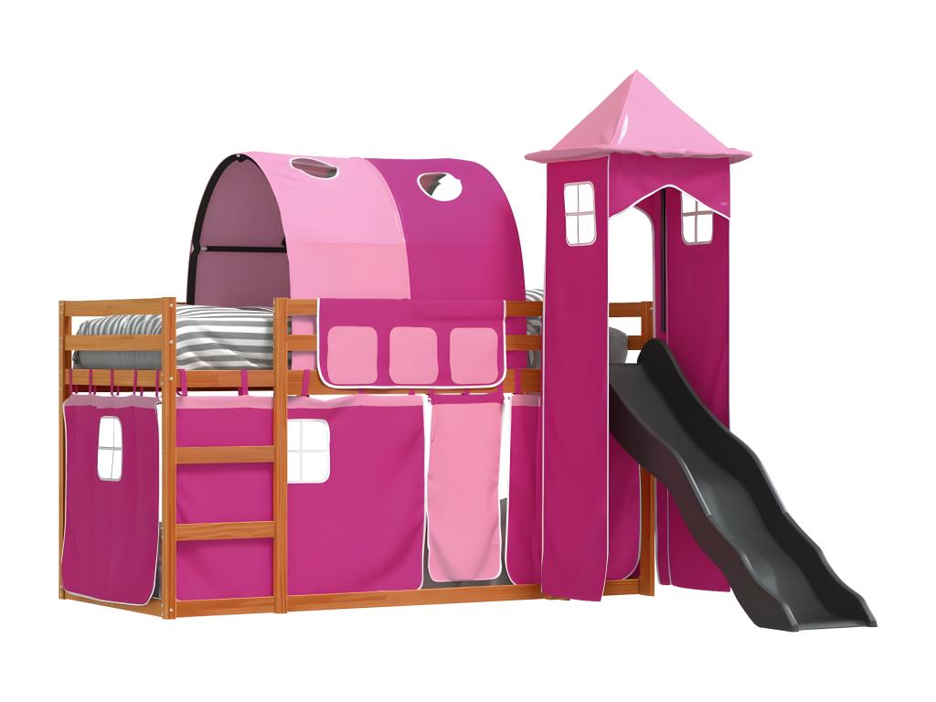Bunk bed with slide and pink curtains 80x200 cm