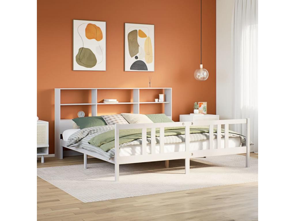 White 200x200 cm solid pine wood bookcase bed without mattress