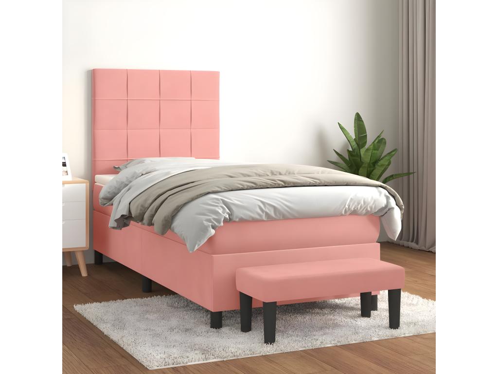 Upholstered bed base with mattress, pink, 90x190 cm, velvet