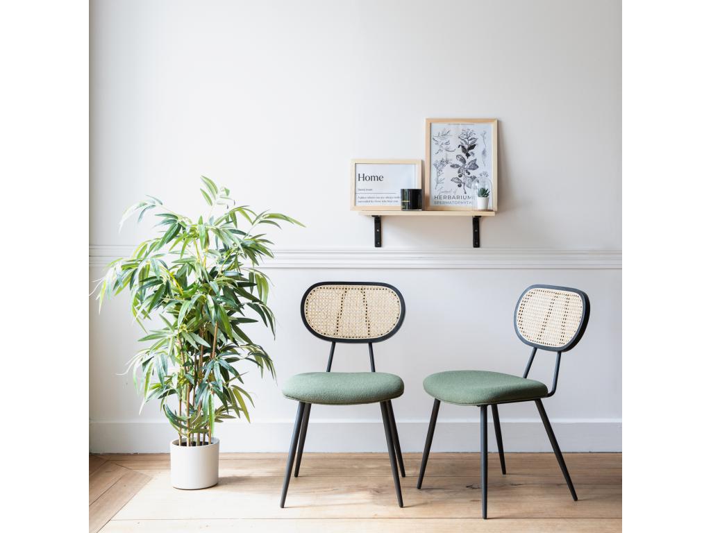 Set of 2 cane and khaki green boucle fabric chairs by Meublita