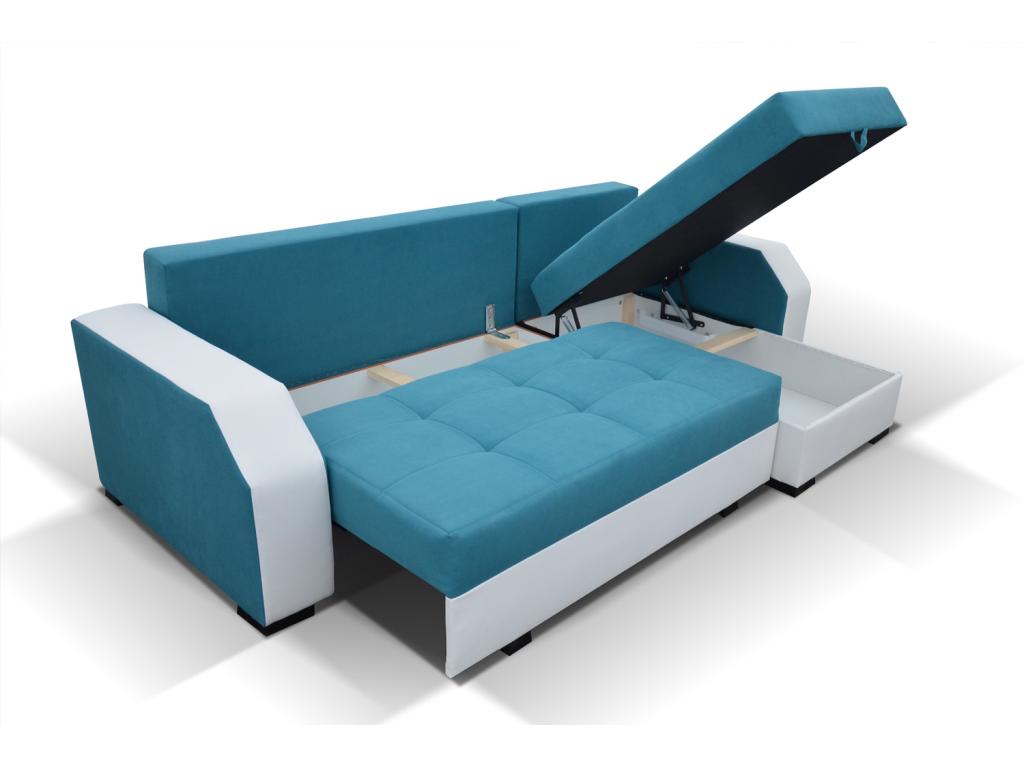 Doucezen 250cm reversible corner sofa bed in black fabric and white faux leather