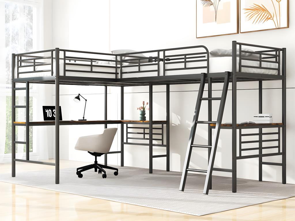 Loft bed - 2 single beds (90x200 cm) - 2 desks under the bed - Black
