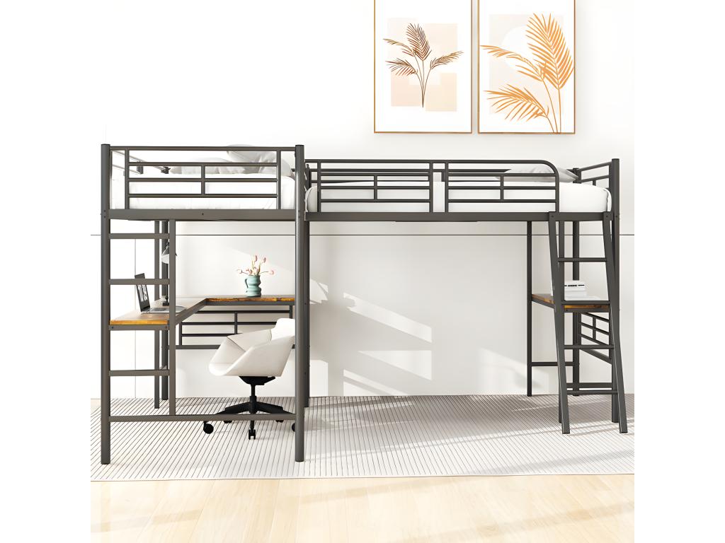 Loft bed - 2 single beds (90x200 cm) - 2 desks under the bed - Black