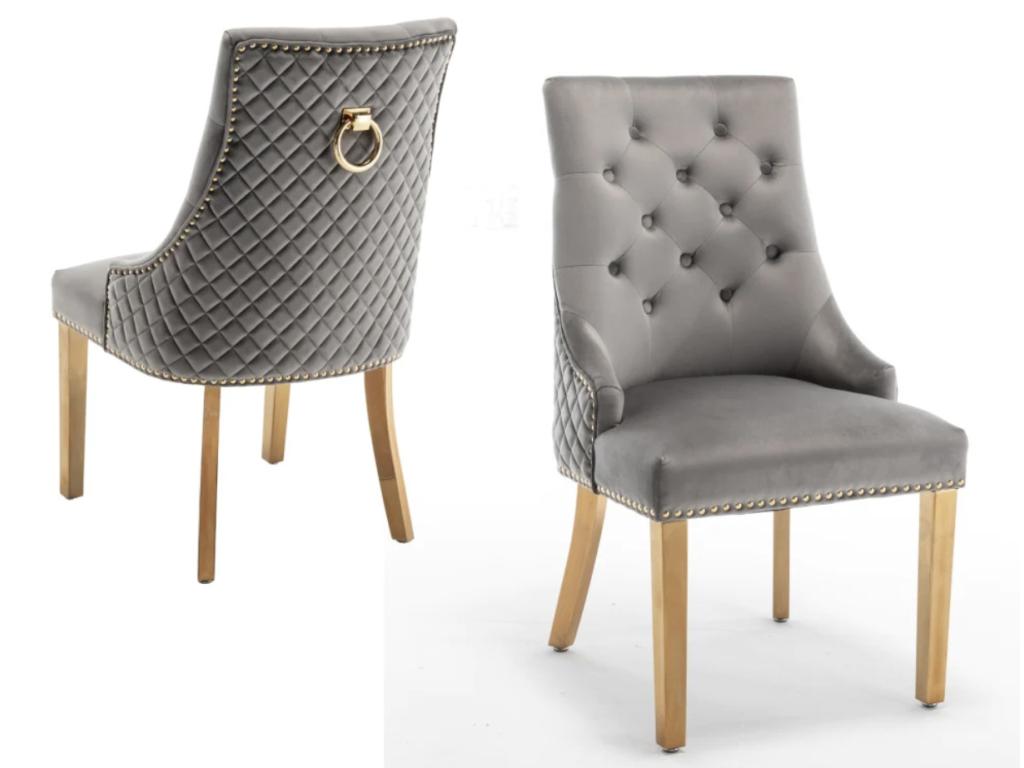 Doucezen velvet upholstered chair with ring on the back and gold metal legs - Set of 2 - Grey