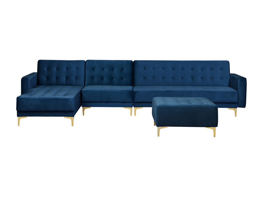 Doucezen Modular Corner Sofa Bed in Navy Blue Velvet with Ottoman, 5-Seater, Right-Hand Side