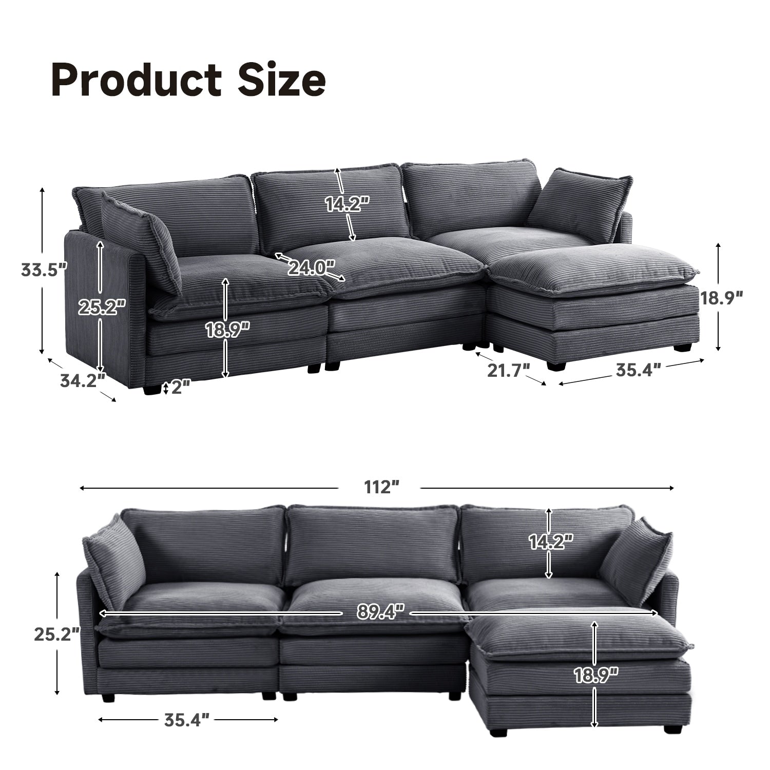 Corduroy Sectional Sofa with Removable Ottomans & Ultra-soft Cushions for Living Room & Bedroom
