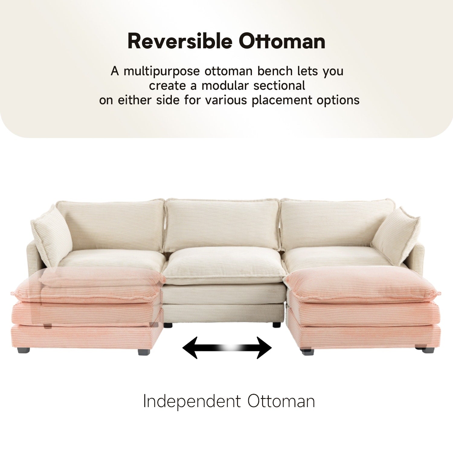 Corduroy Sectional Sofa with Removable Ottomans & Ultra-soft Cushions for Living Room & Bedroom