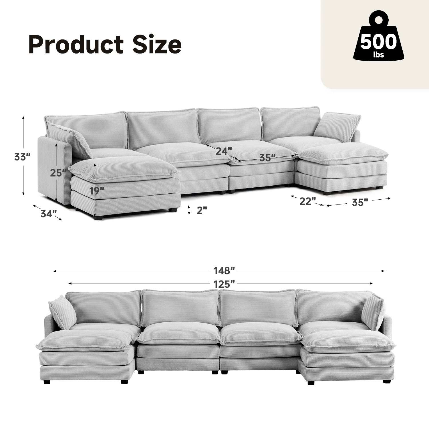 Corduroy Sectional Sofa with Removable Ottomans & Ultra-soft Cushions for Living Room & Bedroom