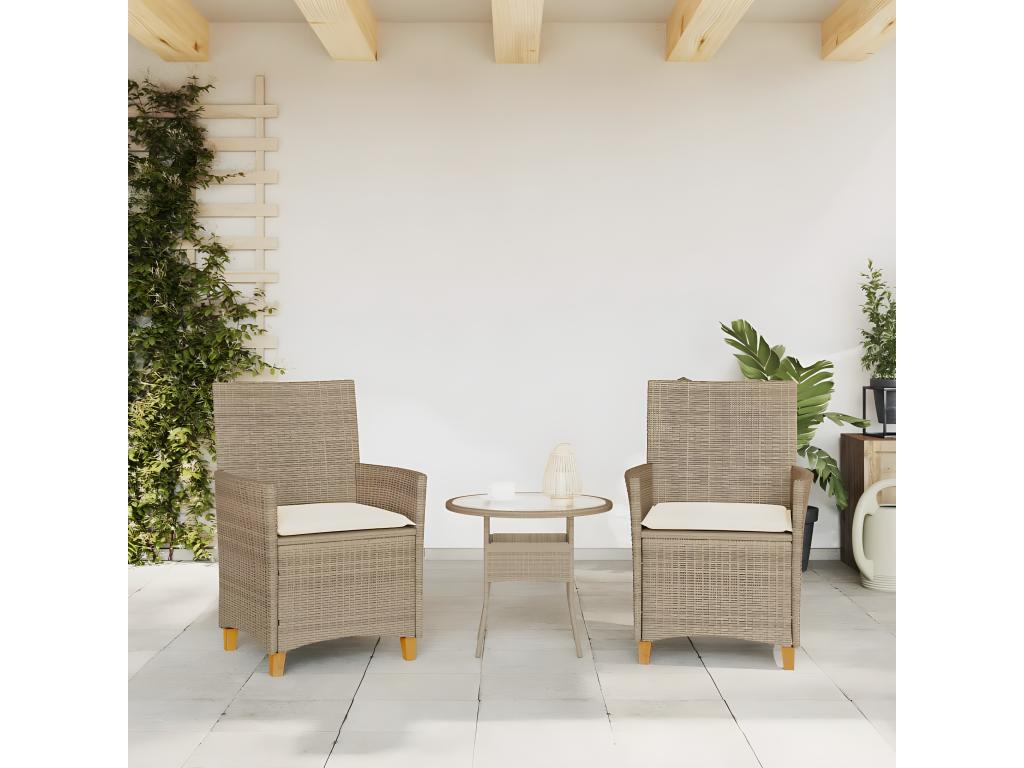 Garden chairs with cushions, set of 2, beige, woven resin, wood