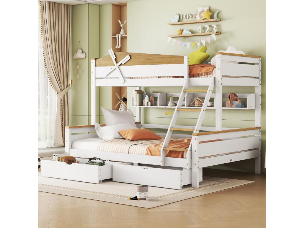 Bunk beds 2x90x200 cm, trundle bed 90x190 cm - with 2 large drawers and headboard - pine MDF - natural white finish
