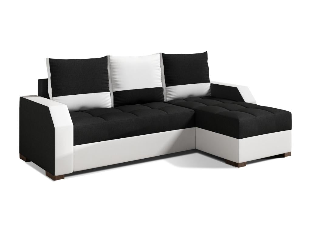 Doucezen 250cm reversible corner sofa bed in black fabric and white faux leather