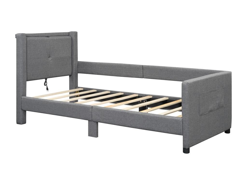 Single daybed 90x200 cm - with USB - linen fabric - Grey