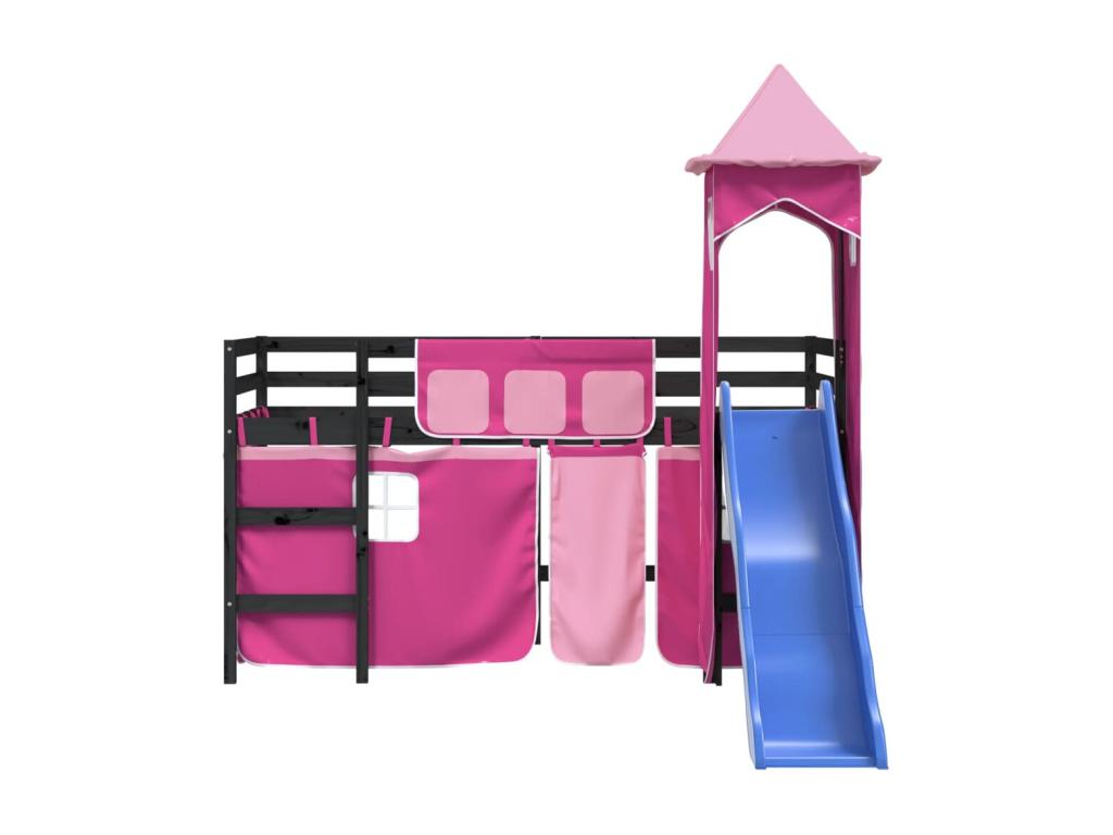 Children's loft bed with pink tower, 90x200 cm, solid pine wood