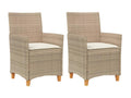 Garden chairs with cushions, set of 2, beige, woven resin, wood
