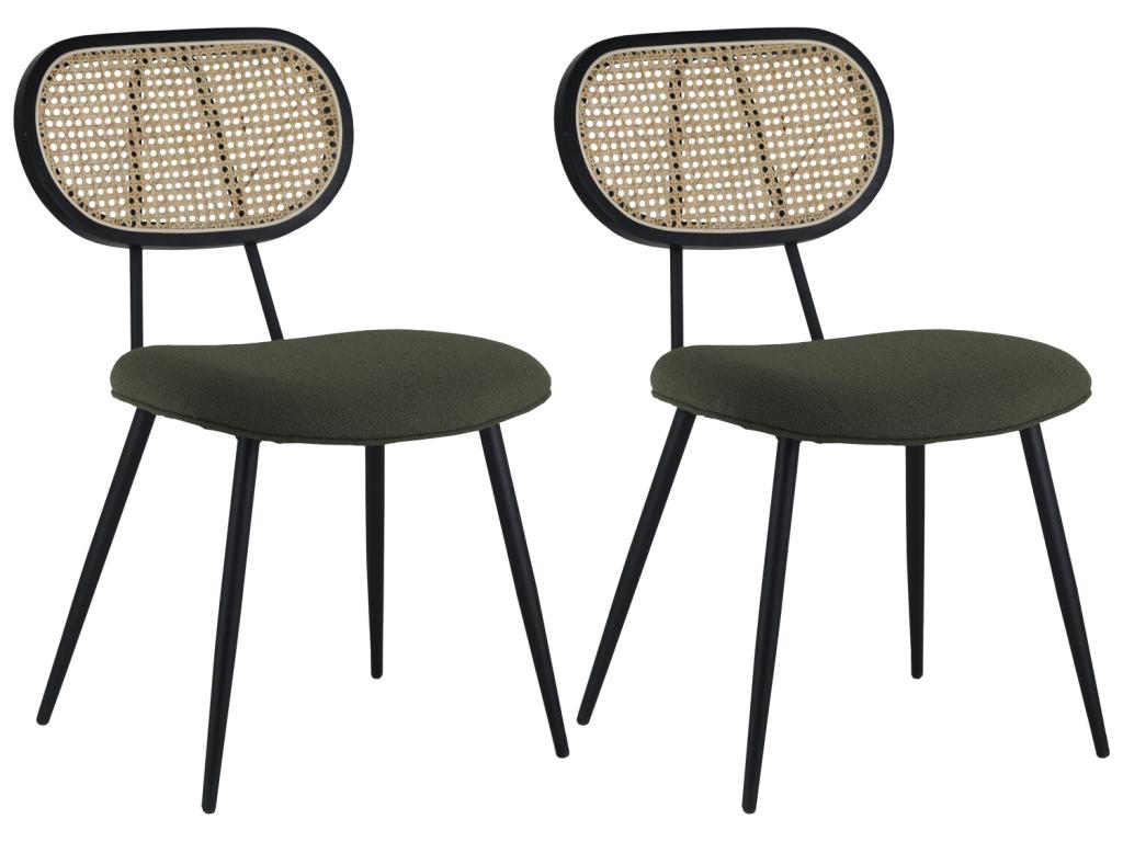 Set of 2 cane and khaki green boucle fabric chairs by Meublita