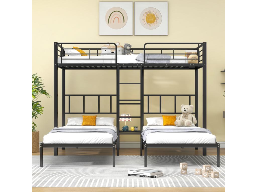Triple bunk bed (3 x 90 x 200 cm) with ladder and bedside table for children - metal - black - mattress not included