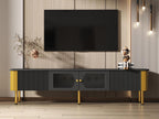 TV stand, 170cm wide - 2 drawers and 2 doors - gold handles and legs - Black
